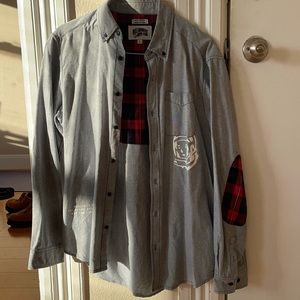 Billionaire Boys Club long sleeve button up with plaid elbow pads. Size L